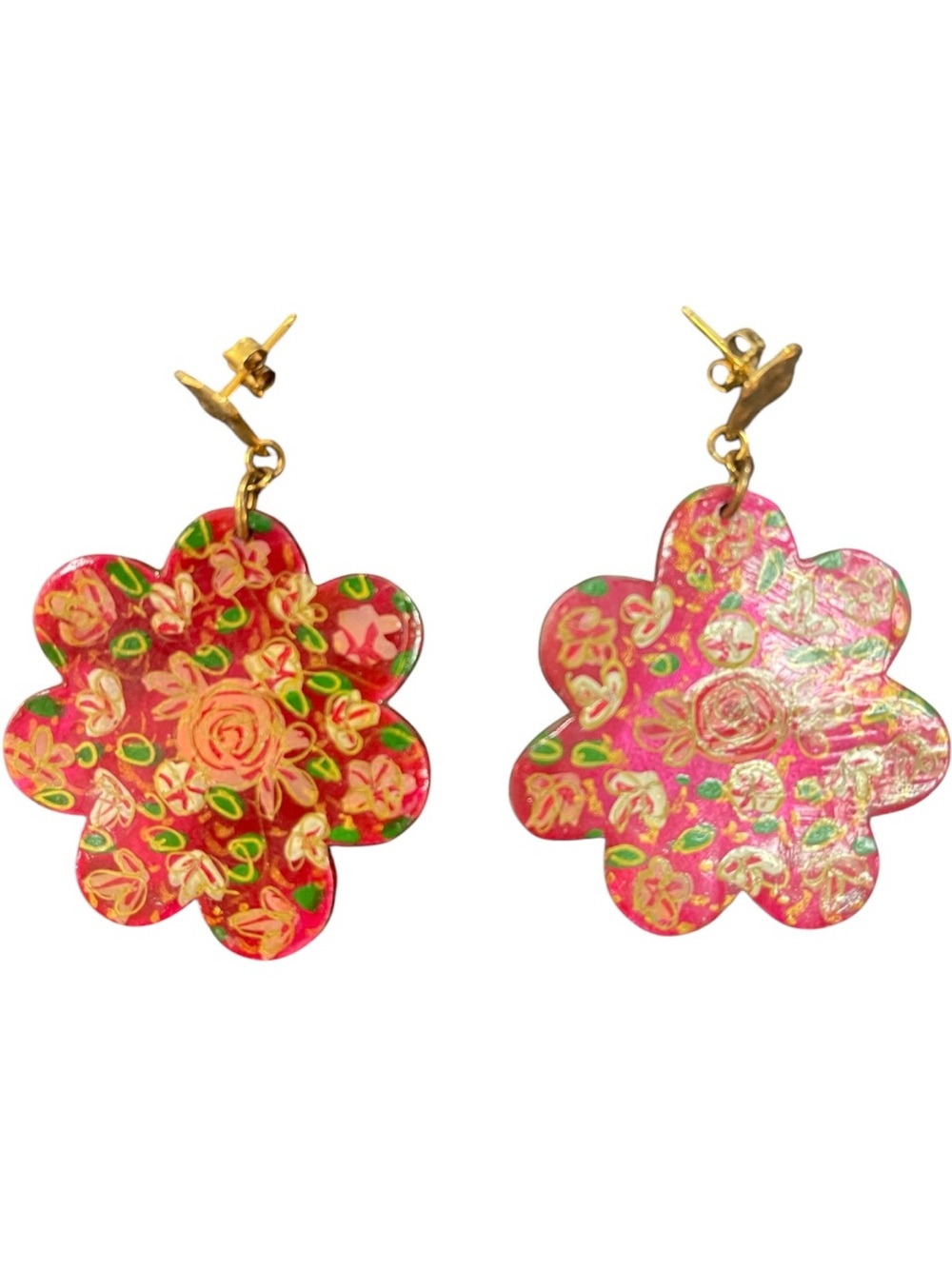 Chan Luu Hand-Painted Mother of Pearl Flower Earrings Red Fuchsia
